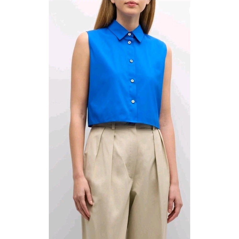Theory Sleeveless Crop Blue Cotton Classic Button Up Top  NWT‎ Medium Modern